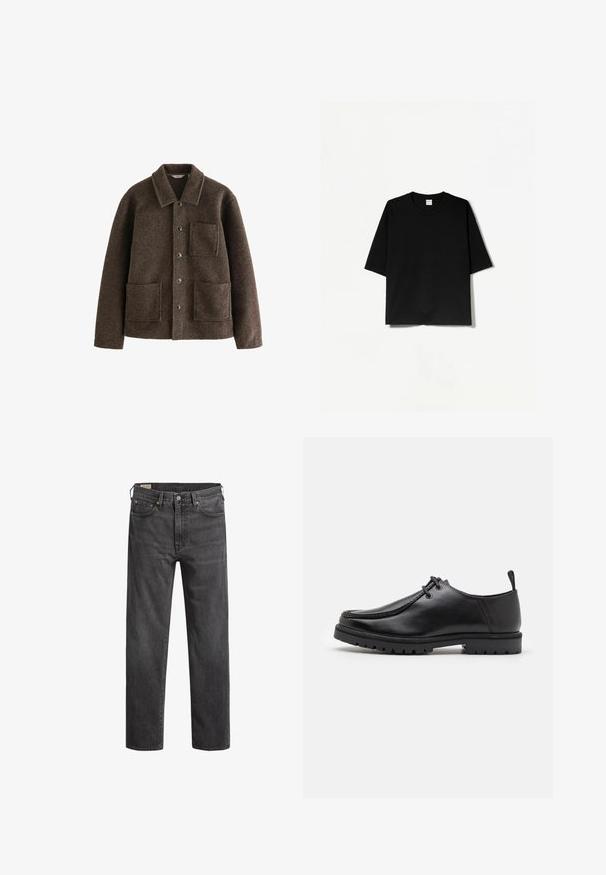 Veste en laine marron avec col, deux poches avant et fermetures à bouton. Présente une finition texturée et un design à coupe droite.; T-shirt noir à manches courtes avec un col rond, fabriqué en tissu doux, présentant une coupe ample et carrée ainsi qu'un design minimaliste.; Jean en denim gris foncé avec une coupe droite, cinq poches et des rivets en cuivre. Design classique avec une texture légèrement décolorée.; Chaussure en cuir noir à lacets avec une semelle robuste et une languette au talon, montrée de côté sur un fond blanc.