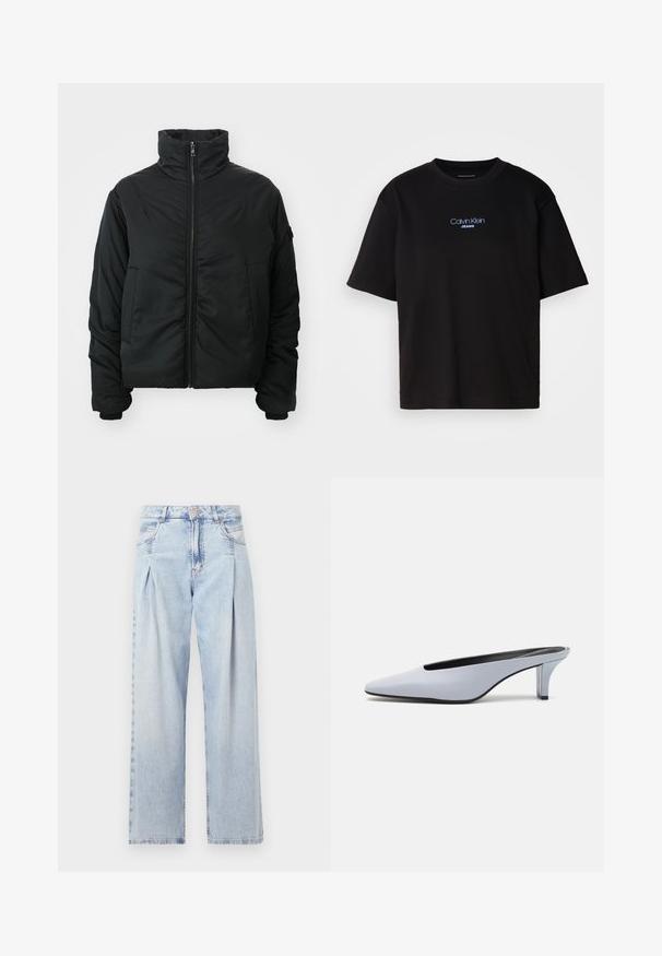 Svart pakket jakke med høy krage, glidelås lukking, lange ermer og to frontlommer. Glatt tekstur, kort design uten mønstre.; Sort bomull t-skjorte med rund hals, korte ermer, og blå brodert "Calvin Klein JEANS" logo på forsiden.; Lyseblå denimjeans med høy livlinje, vide ben, to sidelommer og plisserte detaljer. Myk tekstur med en falmet finish.; Lys blå patentlær mule med spiss tå, lav gjennomsiktig hæl og en elegant design med utskjæring på vampen.