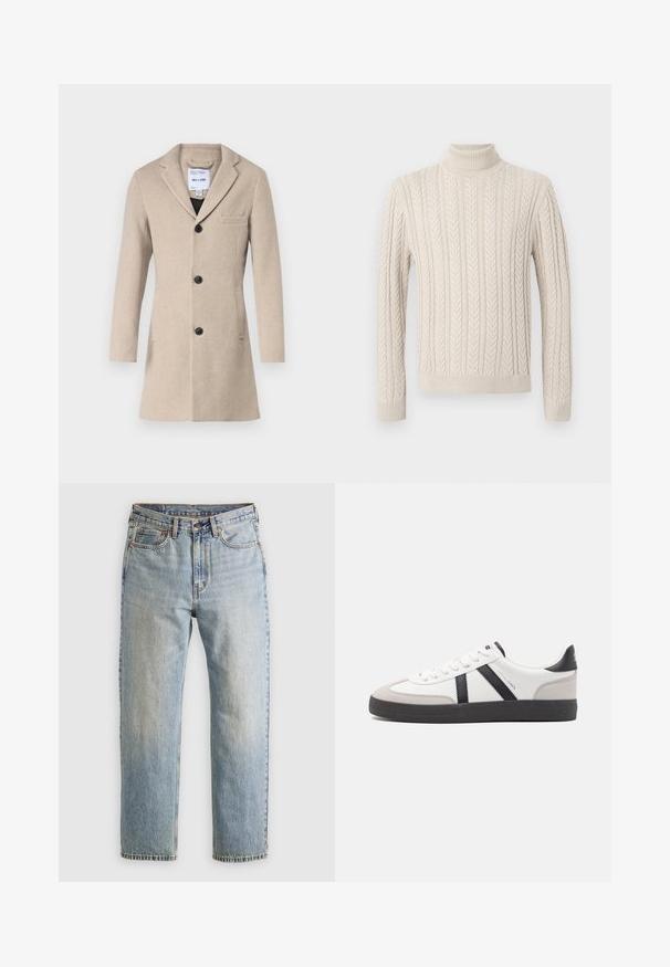 Only & Sons ONSJAYLON COAT - Cappotto classico - beige; Maglione beige lavorato a maglia con un alto collo a costine. Presenta un motivo a treccia testurizzato e polsini e orlo a coste, offrendo un aspetto accogliente.; Jeans in denim azzurro chiaro con vita alta, bottone anteriore, cerniera e design a cinque tasche, adagiati su uno sfondo neutro.; Sneaker bianco con accenti neri e grigi, dotata di una punta grigia testurizzata, suola in gomma nera e lacci bianchi piatti. Design pulito, stile minimalista.