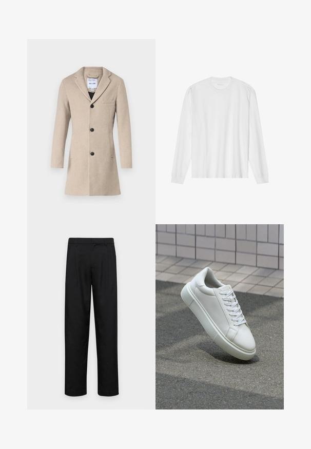 Only & Sons ONSJAYLON COAT - Cappotto classico - beige; T-shirt bianca a maniche lunghe in cotone con colletto rotondo e polsi a coste. Design semplice e senza fronzoli, con texture liscia e vestibilità standard.; Pantaloni neri realizzati in tessuto liscio, caratterizzati da un taglio dritto, due pieghe frontali e una vita standard con passanti per la cintura.; Sneaker bianco in pelle con superficie liscia, punta rotonda e lacci piatti bianchi. Presenta una suola in gomma texturizzata e un design minimale.