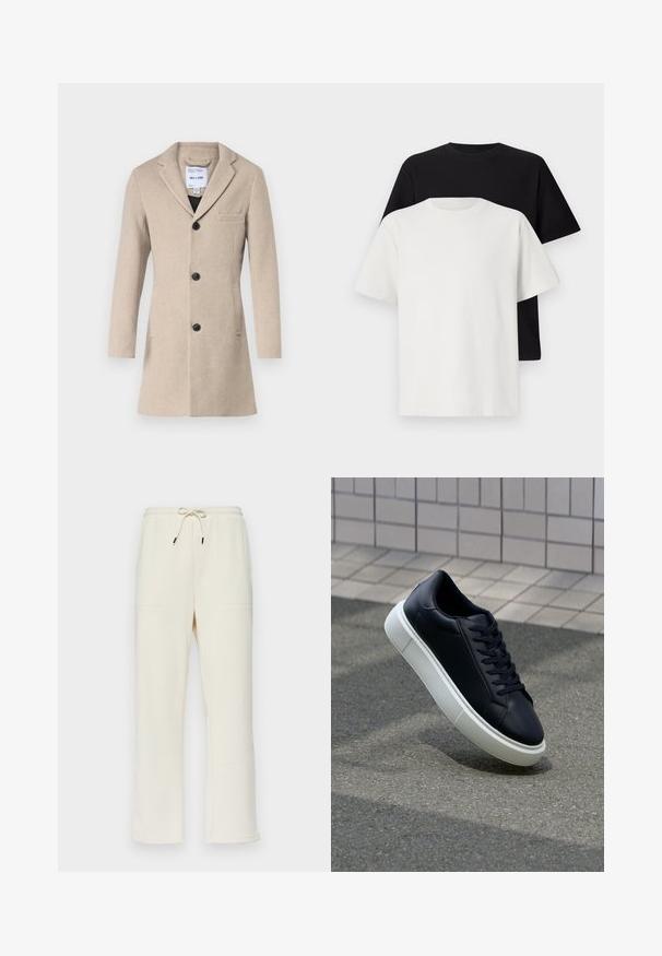 Only & Sons ONSJAYLON COAT - Klasisks mētelis - beige; Kokvilnas T-kreklu komplekts, kas sastāv no melna un baltā T-krekla, abi ar īsām piedurknēm, apaļu kakla izgriezumu un standarta piegriezumu. Faktūras audums.; Krēmkrāsas ribota materiāla sporta bikses ar auklu jostasvietā, ar divām sānu kabatām un taisna piegriezuma dizainu.; Melnas ādas kedas ar noapaļotu pirkstu un baltu gumijas zoli. Iespējas - plakanas šņorītes un minimāla apdare augšdaļā. Struktūrēta zole, lai nodrošinātu saķeri.