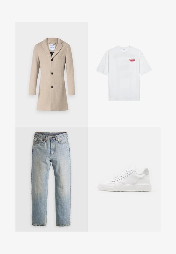 Only & Sons ONSJAYLON COAT - Mantel - beige; Witte katoenen t-shirt met korte mouwen, ronde hals en een rode grafische tekst "LEKKER VERFRISSEND FRUIT" aan de voorkant.; Lichtblauwe denim jeans met hoge taille, frontknop, rits en vijfzakkenontwerp, plat gelegd op een neutrale achtergrond.; Witte leren sneakers met een gladde afwerking, ronde neus, platte veters en een gestructureerde zool. Grijze suède accent bij de hiel.