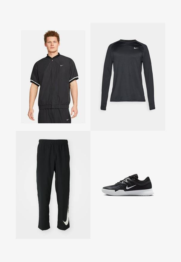 Svart vindjacka med korta ärmar, elastisk midja och vita ränder på ärmsluten. Har en knappstängning och Nike-logga.; Långärmad svart träningsskjorta av ett slätt, elastiskt material. Har en subtil texturerad design och en liten vit logotyp på bröstet.; Svarta träningsbyxor med elastisk midja, avsmalnande design, med en stor vit Nike-logotyp på vänster ben. Mjuk, lättviktig tyg.; Svarta träningsskor med en texturerad ovandel, vit Nike-logga och en vit gummisula. Har snörningsdesign och en dynamisk form.