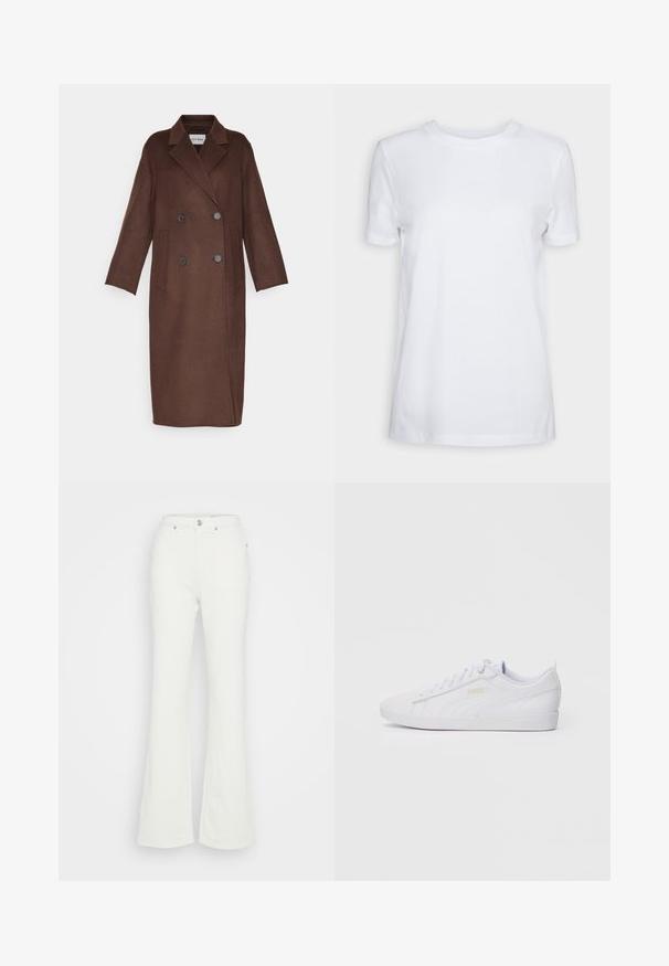 IVY OAK CLARA - Cappotto classico - chocolate; T-shirt bianco a maniche corte realizzato in cotone. Design a girocollo con una texture liscia e senza motivi o accenti visibili. Stile base.; Jeans bianchi a gamba larga realizzati in denim di cotone, con vita alta, chiusura a bottoni e quattro tasche, caratterizzati da una texture liscia.; Sneaker Puma bassa bianche con lacci, branding discreto sul lato e sulla suola, e tomaia in sintetico liscio per un look casual.