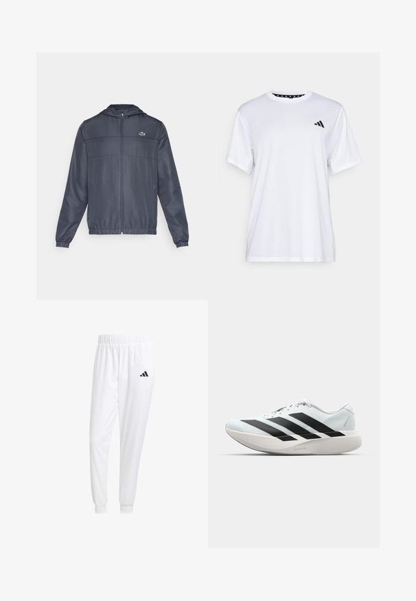 Sötétkék széldzseki, könnyű anyagból készült, elöl cipzáros, rugalmas mandzsettákkal és egy kis zöld logóval a mellrészen.; Fehér sportpóló rövid ujjal, nedvességelvezető anyagból készült. A bal mellrészen fekete logó található, és a nyak belső része mintás.; Fehér sportnadrág sima anyagból, rugalmas derékpánttal és szűkített bokákkal, a hátsó zsebében fekete logóval.; Világoskék, fekete csíkos könnyű futószerek. Simább felső résszel, kerek orral és vastag fehér középtalppal, amelyen a "LIGHTSTRIKE PRO" felirat olvasható.