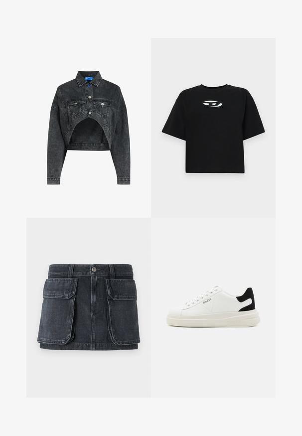 Kuttet svart denimjakke med knappelukking foran, to brystlommer og åpen underdel. Har sølvfarget detaljer og en teksturert overflate.; Svart bomulls T-skjorte med forkortet design, korte ermer og rund hals. Har en kontrastfarge oval logo på brystet.; Svart denimskjørt med en tettsittende midje, knappelukking, to store frontlommer og kontrasterende sømdetaljer.; Hvite lær sneakers med tykk hvit såle, svart semsket hælforsterkning og preget logo på siden. Snøresystem med seks hull.
