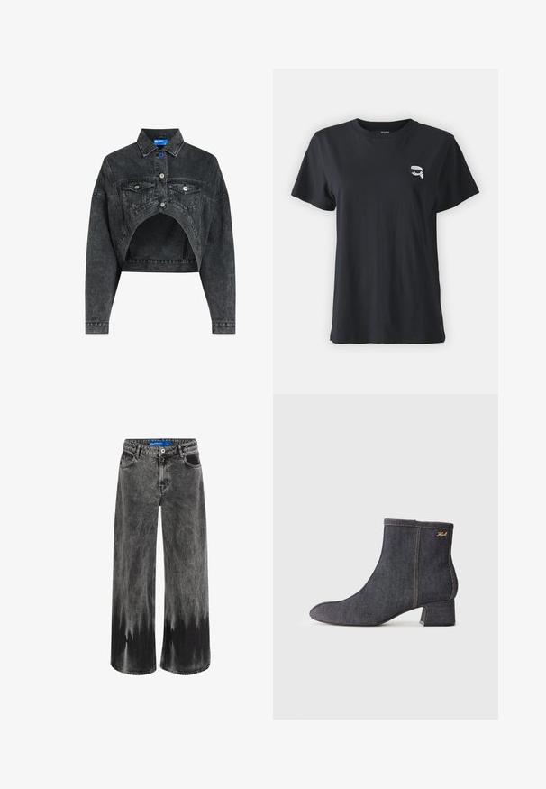 Lühendatud must teksajakk, millel on nupuga esikülg, kaks rinna taskut ja avatud alumine osa. Iseloomustab hõbedane riistvara ja tekstuuriline viimistlus.; Mustalane puuvillane T-särk lühiärkidega ja ümmarguse kaelusega. Rinnal on väike valge graafika. Sile tekstuur, vabalt liikuv sobivus.; Laiene jalad, fookuses tuhm must denimm, millel on dip-dye efekt, terasest detailid ja klassikaline viie tasku disain koos standaardse vöökohaga.; Tume teksasist sääreking, millel on terav nina, plokk-kand, nähtav õmblus ja peene brändi logo küljel. Ühtlane tekstuur.