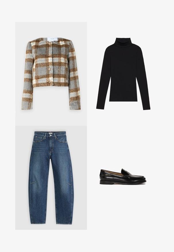 Zkrátená bunda v šedej, hnedej a bielej kockovanej vzore. Vyrobená z textúrovaného materiálu s piatimi gombíkmi vpredu. Dlhé rukávy.; Čierny rolák s dlhým rukávom, vyrobený z rebrovanej tkaniny, má priliehavý strih s vysokým golierom a bez vzorov alebo akcentov.; Tmavomodré riflové nohavice so strihom rovného nohu, ktoré majú predné vrecká, kontrastné šitie a jemnú vyblednutú textúru na nohách.; Čierne kožené loafery s okrúhlou špičkou, bez zapínania, a jemnými švovými detailmi pozdĺž hornej časti. Plátená gumená podrážka.