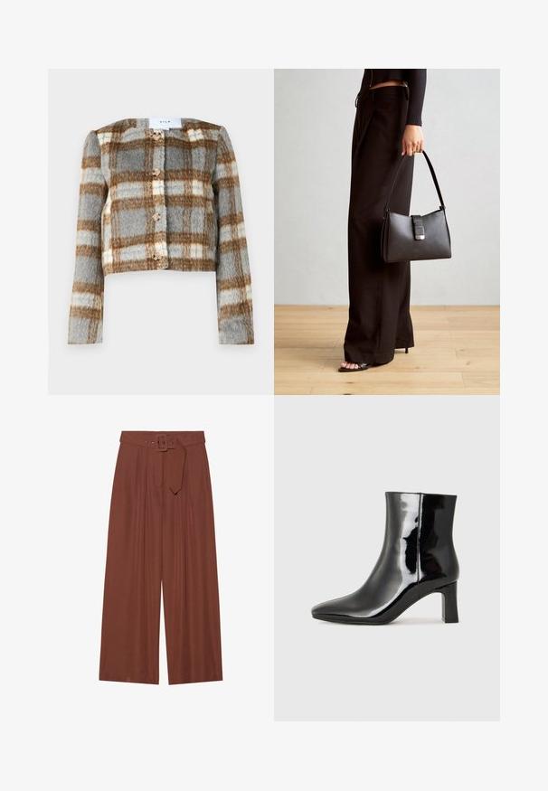 Veste courte en motif vichy gris, marron et blanc. Fabriquée en tissu texturé avec cinq boutons sur le devant. Manches longues.; Top sans manches noir avec un tissu froncé, doté d'un décolleté lisse et d'un accent décoratif en chaîne dorée sur l'épaule gauche.; Pantalons à jambes larges en tissu marron, avec une ceinture à boucle carrée, un design plissé et une texture lisse.; Bottines en cuir verni noir avec un bout pointu et un talon block de hauteur moyenne. Texture lisse et design minimaliste.; Sac à main noir à la forme structurée, texture lisse et fermoir métallique. Associé à un pantalon noir ample et des sandales ouvertes sur un sol en bois.