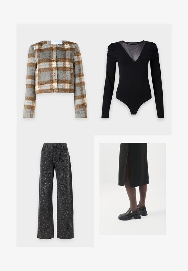 Lühike jakk halli, pruuni ja valge ruudustikuga. Valmistatud tekstuuriga kangast, ees viie nupuga. Pikkade varrukatega.; Musternahkade pikkade varrukatega must bodi, millel on läbipaistev V-kujuline kaelus ja korraldatud õlavarre detail. Sile kangas, millel on vormiv kujundus.; Noisy May NMJANNEL LOOSE - Avar lõikega teksad - black denim; Mustad mustad jalatsid ümmarguse varbaga, paksu plokkniidi ja elastsete külgdetailidega, kombineeritud tumedate sukkade ja musta lõhikuga seelikuga.