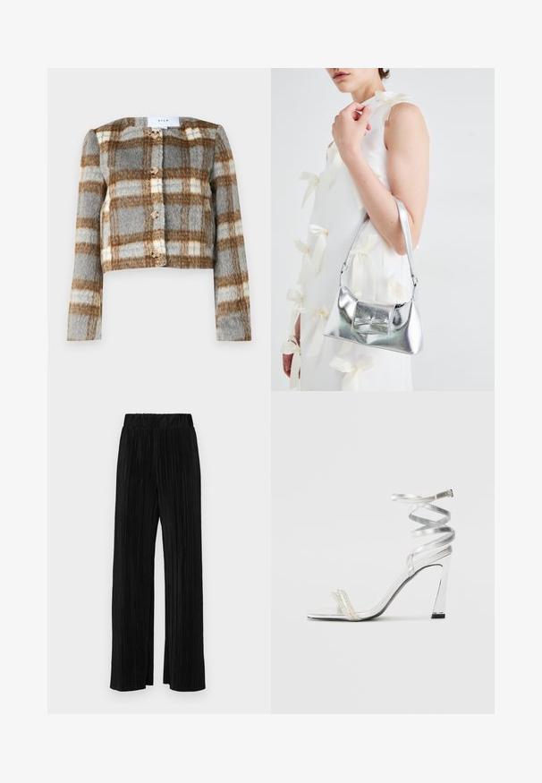 Chaqueta corta en un patrón de cuadros en gris, marrón y blanco. Fabricada con tela texturizada y con cinco botones en la parte delantera. Mangas largas.; Top blanco sin mangas con escote redondo. Hecho de una tela suave, presenta un corte relajado y un diseño minimalista. Sin patrones ni acentos.; Pantalones negros de pliegues con una cintura elástica. Presentan piernas anchas y una tela suave y texturada con rayas verticales.; Sandaia de tacón alto plateada con un diseño de tira brillante, que cuenta con un acento similar a una perla y una correa en espiral en el tobillo para un ajuste seguro.; Bolso de mano metálico plateado con forma estructurada, que presenta un asa superior y un detalle de lazo en el frente. Textura suave y acabado reflectante.