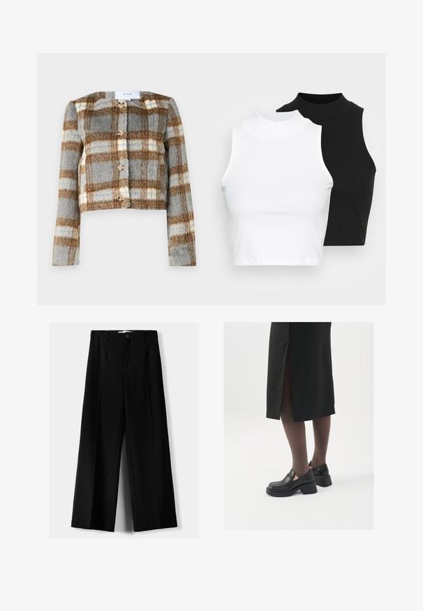 Skrajšana jakna v sivi, rjavi in beli karo vzorec. Narejena iz teksturiranega blaga z petimi gumbi spredaj. Dolgi rokavi.; Dva brezrokavniki z rebrasto turtleneck gorami v črni in beli barvi, z oblikovanim dizajnom in gladko teksturo, v skrajšani dolžini.; Črne široke hlače iz lahkega materiala, z zapiranjem na gumb spredaj in ravnim sprednjim delom, s skrbno zašiti robovi.; Črne usnjene čevlje s zaobljenim prstom, debelim blokastim petama in elastičnimi stranskimi detajli, v kombinaciji s temno nogavicami in črno krilo z razporkom.