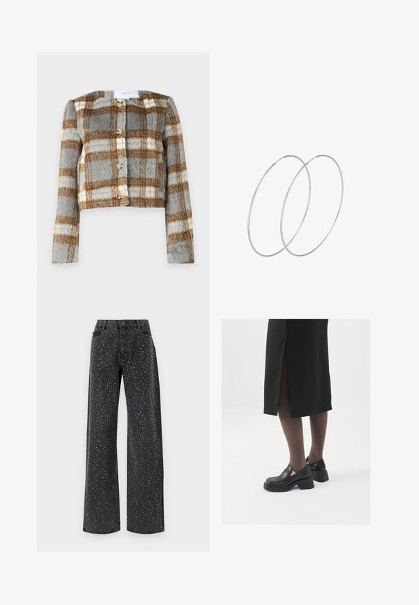 Cropped jacket in grey, brown, and white check pattern. Made of textured fabric with five buttons down the front. Long sleeves.; Two sleeveless ribbed turtleneck tops in black and white, featuring a fitted design and smooth texture, with cropped length.; Noisy May NMJANNEL LOOSE - Relaxed fit jeans - black denim; Black leather shoes with a rounded toe, thick block heel, and elastic side accents, paired with dark tights and a black skirt with a slit.; Silver hoop earrings with a minimalist design. Circular shape, smooth texture, and thin profile. Lightweight with a polished finish.