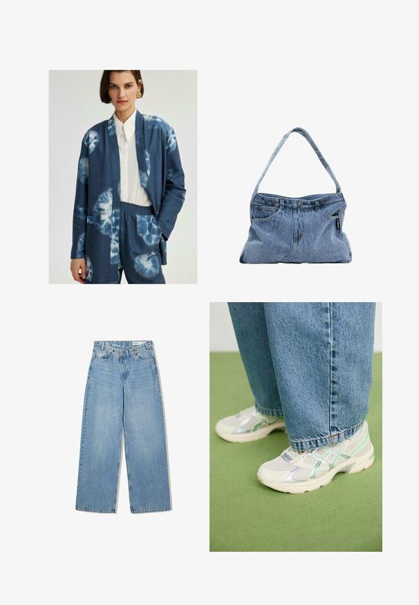 Blå tie-dye-kofta med långa ärmar, öppen fram, och två sidofickor, bärs över en vit skjorta med krage och matchas med blå byxor.; PULL&BEAR Linne - white; Ljusblå vida jeans i denim, med hög midja, fem fickor, knappstängning och subtil blekning för textur.; Vita och silverfärgade nät-sneakers med gröna detaljer, som bärs med lösa blå jeans, står på en grön heltäckningsmatta.; Denimaxelväska med en böjd rem, två frampocket och en knäppt topp, med ljusblått tyg och kontrasterande sömdetaljer.