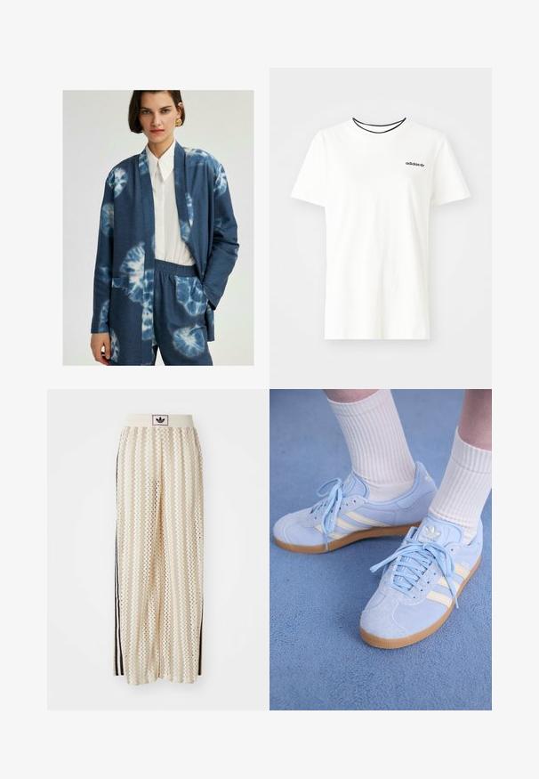 Cárdigan azul tie-dye con mangas largas, abertura frontal y dos bolsillos laterales, llevado sobre una camisa blanca con cuello y combinado con pantalones azules.; Camiseta de algodón blanca con manga corta y escote redondo. Presenta un logo negro de Adidas en el pecho y un cuello interior negro en contraste.; Pantalones de pierna ancha en color crema con un patrón en zigzag, que cuentan con una cinturilla con logo negro y franjas negras en los laterales. Tejido ligero y texturizado.; Zapatillas de ante azul claro con rayas blancas, cordones planos y suela de goma. Se llevan calcetines blancos acanalados por encima del tobillo.