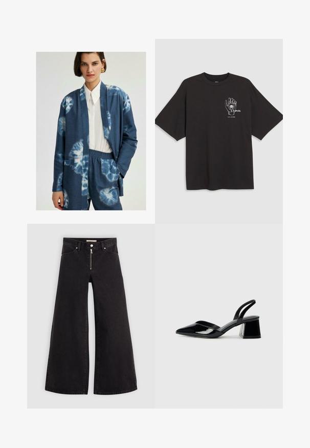 Cardigan blue tie-dye cu mâneci lungi, deschis în față și două buzunare laterale, purtat peste o cămașă albă cu guler și asortat cu pantaloni albaștri.; Tricou din bumbac negru cu mâneci scurte, având un grafic al unei mâini și textul "Levi's LA LUNE" în alb pe zona stângă a pieptului.; Jeans cu picioare largi din denim negru, cu fermoar în față, design cu cinci buzunare și detalii subtile de cusătură. Textură netedă și stil casual.; Pantofi cu toc slingback din piele lacuită neagră, cu vârf ascuțit și toc geometric. Prezintă un design elegant, minimalist și o textură netedă.