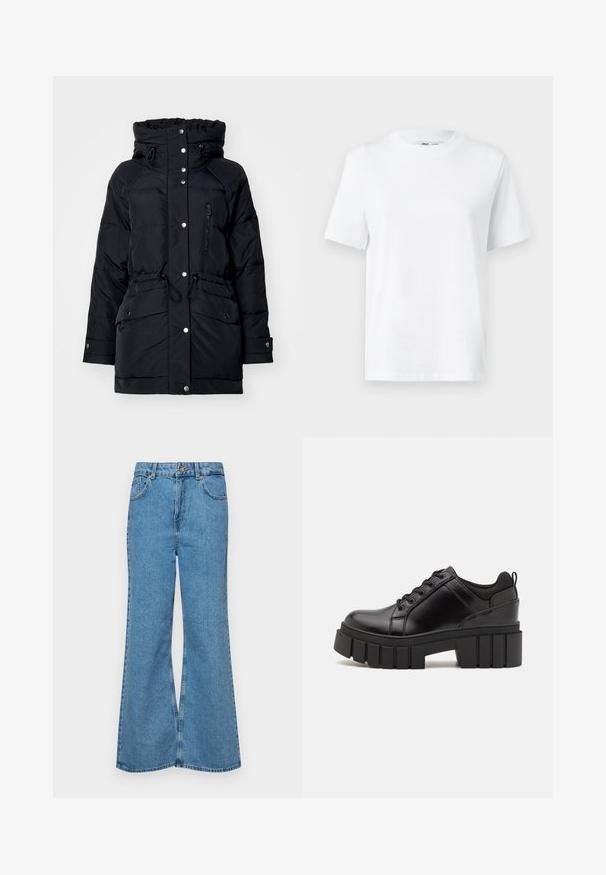 Fekete puffertakó magas gallérral, elülső cipzárral és patentos záródással, állítható húzózsinórral a deréknál, valamint két elülső zsebével hajtókával.; Fehér pamut környakú póló, rövid ujjakkal és sima textúrával. Kényelmes és sokoldalú, laza szabással készült.; Világoskék, trapézszárú farmernadrág, magas derékkal, öt zsebbel és egy gombos záródással. Puha tapintású, magasított effektusú anyag.; Fekete bőr platform cipők vaskos blokk sarkakkal, kerek orral és hagyományos fűzős kialakítással. Simára csiszolt felület és minimális részletezés jellemzi.