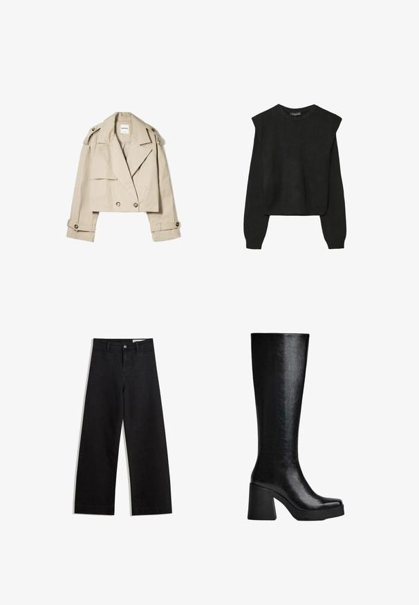 Cappotto trench cropped beige realizzato in tessuto leggero, con chiusura doppiopetto, ampi rever e polsini con bottoni.; Maglione nero a maniche lunghe in maglia con spalle imbottite e polsini e orlo a coste, mostrato su uno sfondo bianco.; Pantaloni in denim neri a gamba larga con vita alta, dotati di tasche anteriori e posteriori, cuciture a punto, e chiusura con bottone. Texture liscia.; Stivale nero al ginocchio realizzato in materiale sintetico testurizzato, dotato di punta quadrata, tacco alto e spesso, e superficie liscia e brillante.