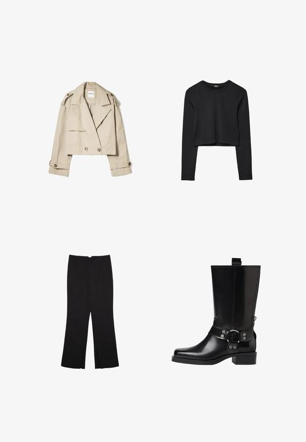 Beige kort trenchcoat i lätt tyg, med dubbelknapprad fram, stora kragar och knäppa muddar.; Svart långärmad croppad topp med rund halsringning, enkel design och en något rundad nederkant.; Svarta byxor med rak passform, utrustade med framfickor och sidoklyvningar vid fållen. Tillverkade av mjukt, slätt tyg. Lämpliga för olika tillfällen.; Svart läderknähöga stövlar med spetsig tå, silverfärgade spännen och klumpig klack. Har en dragflik för enkel påtagning.