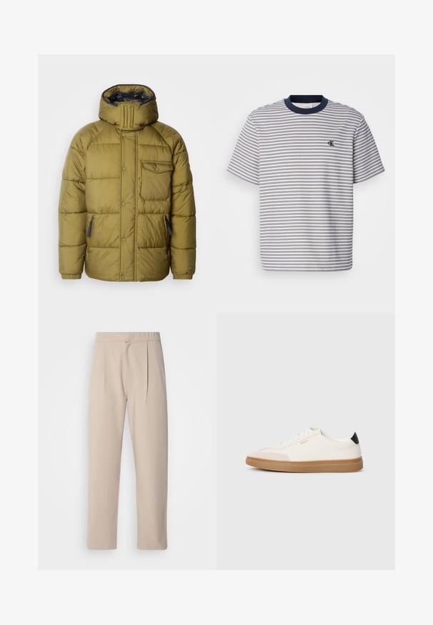 Zielona puchowa kurtka w odcieniu oliwkowym z wysokim kołnierzem, zapięciem na zatrzaski z przodu, kieszeniami bocznymi oraz kieszenią na klatce piersiowej. Gładka tekstura, ocieplana konstrukcja.; Koszulka z bawełny w paski z granatowym kołnierzykiem i mankietami, z poziomymi niebieskimi i białymi paskami; małe haftowane logo na piersi.; Beżowe, plisowane spodnie wykonane z miękkiego materiału. Posiadają elastyczny pas, proste nogawki oraz gładką teksturę. Brak kieszeni i akcentów.; Białe sneakersy z beżowymi akcentami, górna część wykonana z gładkiej skóry, zaokrąglony nos, gumowa podeszwa w kolorze gumy, z czarną nasadką na pięcie i subtelnym logo.