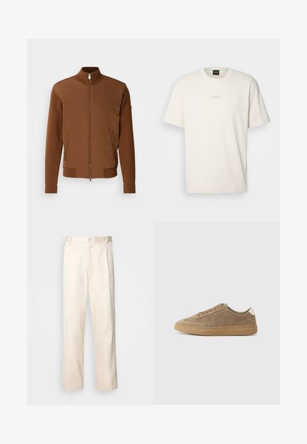 Brun bomberjakke med en glatt stofffront, ribbestrikkede ermer og krage, to sidelommer og glidelås foran.; BOSS TEE - T-shirts - open white; Beige bomullsbukser med rett benfatt, med knappelukking og folder foran for ekstra detaljer.; Suedesko i lys brunt med gummisåle. Har snøring og en minimalistisk stil, akkompagnert av en hvit hælflik.