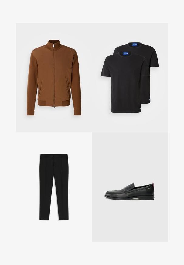 Brun bomberjacka med en slät tygframsida, ribbstickade ärmar och krage, med två sidfickor och dragkedjestängning framtill.; Två svarta bomullströjor med rund hals, korta ärmar och blå "HUGO"-etiketter på kragarna och sidorna.; Svarta byxor med dragsko i midjan, veckad framdel, avsmalnande ben och slät tygtextur. Inga ytterligare mönster eller detaljer.; Svarta läderloafers med en texturerad frontpanel och släta sidor. Utrustade med en smal klack och en bakre ögla för enkel påtagning. Klassisk design.