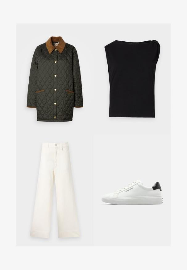 Többrétegű zöld dzseki barna kordbársony gallérral, arany nyomós gombokkal és barna díszítő zsebekkel. A márkaneve hímzett a zseben.; Fekete, rövid ujjú felső, sima anyagból készült. Kerek nyakkivágással és redőzött részletekkel a vállon. Egyszerű, szoros fazon.; Világos bézs pamut széles lábú nadrág. Magas derék, elülső zsebek és egyenes vonalú fazon jellemzi. Tiszta, mintázat nélküli hem befejezés.; Fehér sneaker sima felülettel, fekete sarok akcentussal és fűzős dizájnnal. Oldalán "Calvin Klein" márkázás található. Minimalista stílus.