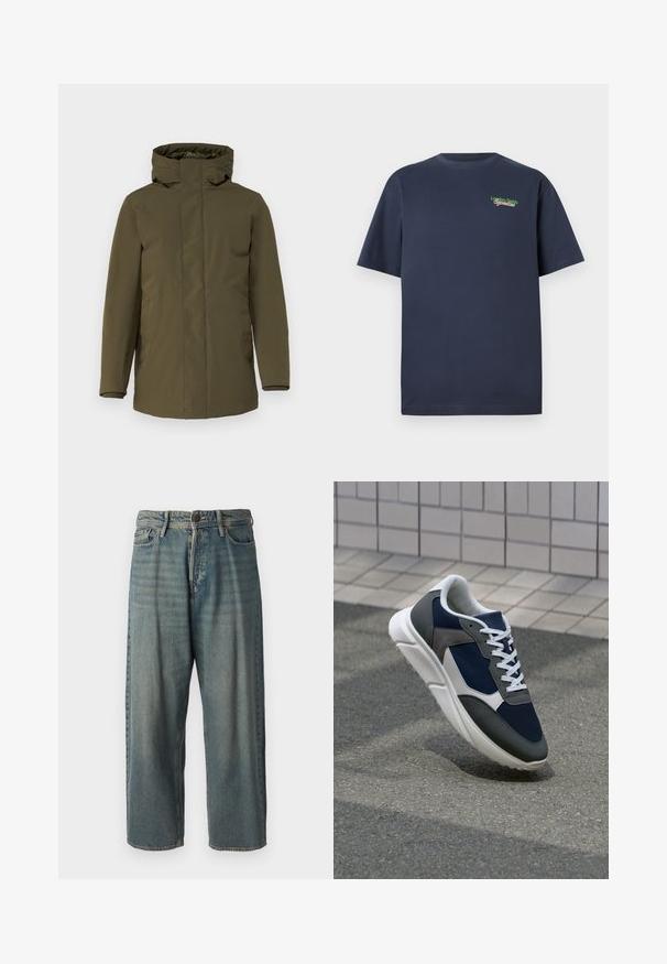 Casaco parka verde oliva, tecido impermeável, fecho com zíper, capuz ajustável, mangas longas e bolsos laterais. Textura suave, design minimalista.; T-shirt de algodão azul-marinho com mangas curtas, com "London Fields Superstore" bordado em verde e vermelho na parte superior esquerda do peito.; Jeans de ganga azul claro com um corte solto, cintura média e pernas retas. Apresenta cinco bolsos, passadores de cinto e fecho com botão.; Sapatilha com parte superior em malha azul-marinho, detalhes em camurça cinza, sola de borracha branca e atacadores brancos planos, projetada para conforto e respirabilidade.