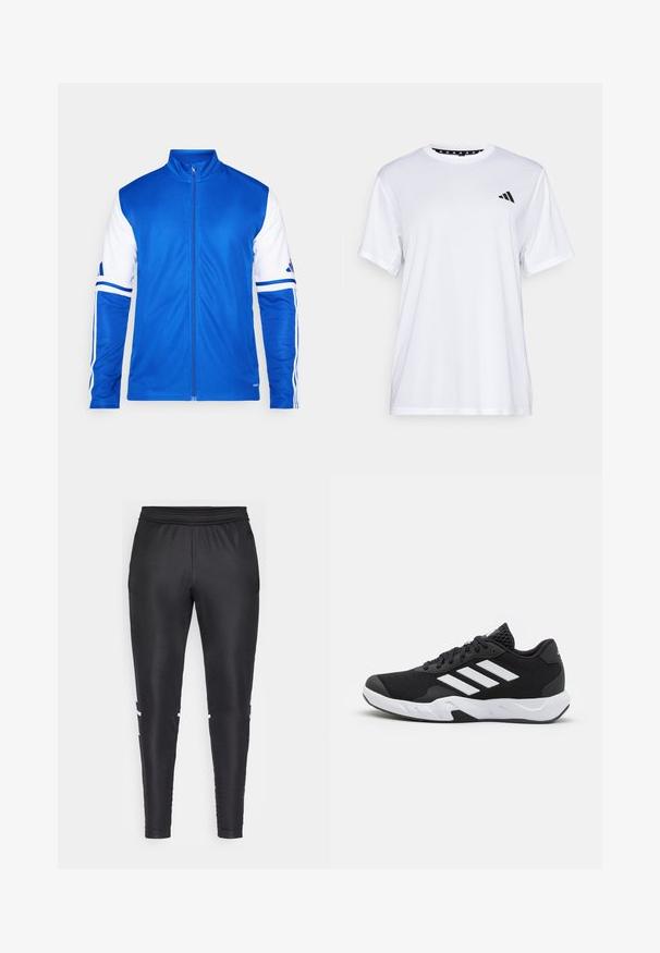 Modra športna jakna s polnim zadrgo, visokim ovratnikom, belimi rokavi in tremi belimi črtami na ramenih. Narejena iz gladkega, lahkega materiala.; Bela športna majica s kratkimi rokavi, izdelana iz tkanine, ki odvaja vlago. Ima črn logotip na levem prsnem delu in vzorčasto notranjo vratno odprtino.; Črne športne hlače iz gladkega materiala, s prileganjem, elastiko v pasu in belimi črtami ob straneh.; Črne atletske čevlje z strukturiranim mrežastim zgornjim delom, belimi poudarnimi črtami, oblazinjenim podplatom in ojačanim petnim delom za podporo.