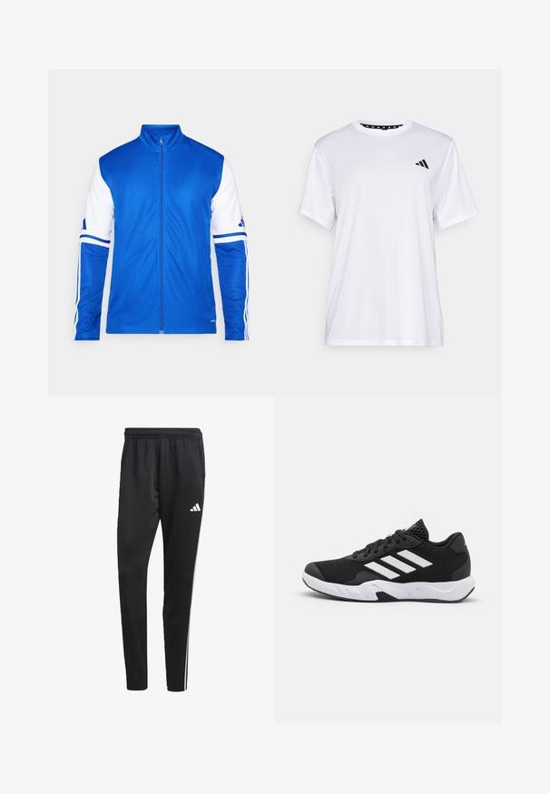 Blauwe sportjack met volledige rits, hoge kraag, witte mouwen en drie witte strepen op de schouders. Gemaakt van gladde, lichtgewicht stof.; Witte sport T-shirt met korte mouwen, gemaakt van vochtafvoerende stof. Heeft een zwart logo op de linkerkant van de borst en een gemusterde binnenhals.; Zwarte sportbroek met een rekbare tailleband, witte zijkanten en een klein wit logo op de dij. Gemaakt van een soepele, lichte stof.; Zwarte sportieve schoenen met een geperforeerde mesh bovenkant, witte accentstrepen, een gevoerde zool en een versterkte hiel voor extra ondersteuning.