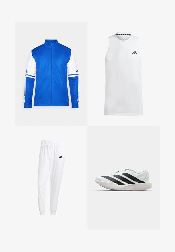 Blue athletic jacket with full zip, high collar, white sleeves, and three white stripes on shoulders. Made of smooth, lightweight fabric.; White sleeveless athletic tank top made of smooth fabric. Features a black logo on the left chest and a patterned black neckline.; White athletic pants made of smooth fabric, featuring an elastic waistband and fitted cuffs, with a black logo on the back pocket.; Lightweight running shoes in pale blue with black stripes. Features a smooth upper, round toe, and thick white midsole labeled "LIGHTSTRIKE PRO."