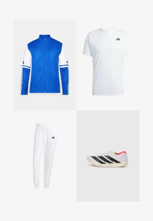 Blå atletisk jakke med fuld lynlås, høj krave, hvide ærmer og tre hvide striber på skuldrene. Lavet af glat, letvægtsstof.; Hvid kortærmet atletisk t-shirt lavet af letvægtigt stof med et sort Adidas-logo på den øverste venstre bryst.; Hvide sportsbukser lavet af glat stof, med elastisk talje og tætsiddende manchetter, og med et sort logo på baglommen.; Hvid løbesko med sorte striber, neon grønne detaljer og en rød hæl. Har et let design og en struktureret sål for bedre greb.