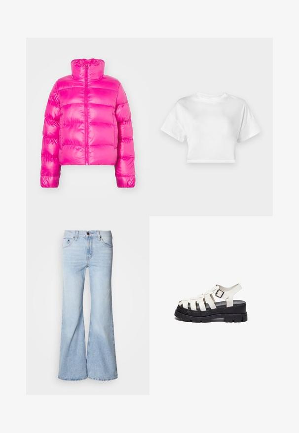 Bright pink cropped puffer jacket with a high collar, featuring a full front zipper and quilted texture across the body.; White cropped t-shirt made of cotton. Short sleeves, round neckline, smooth texture, casual design without patterns or embellishments.; Light blue flared jeans, featuring a high waist, denim fabric, five pockets, and a button closure. The legs are wide and have a slightly faded finish.; White strappy sandals with a chunky black platform sole and adjustable ankle strap featuring a square metal buckle. Smooth texture and modern design.