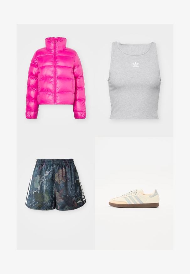 Světlá růžová zkrácená péřová bunda s vysokým límcem, která má plný přední zip a prošívanou texturu po celém těle.; Šedý, bezrukávový crop top vyrobený z měkké látky, který má kulatý výstřih a malé bílé logo Adidas na hrudi.; Pánské šortky s vícebarevným vzorem listů na tmavém pozadí, s elastickým pasem a bílými bočními pruhy.; Tenisky s krémovým koženým svrškem, světle modrými pruhy a broskvovými akcenty. Mají strukturovanou hnědou gumovou podrážku a minimalistický design.