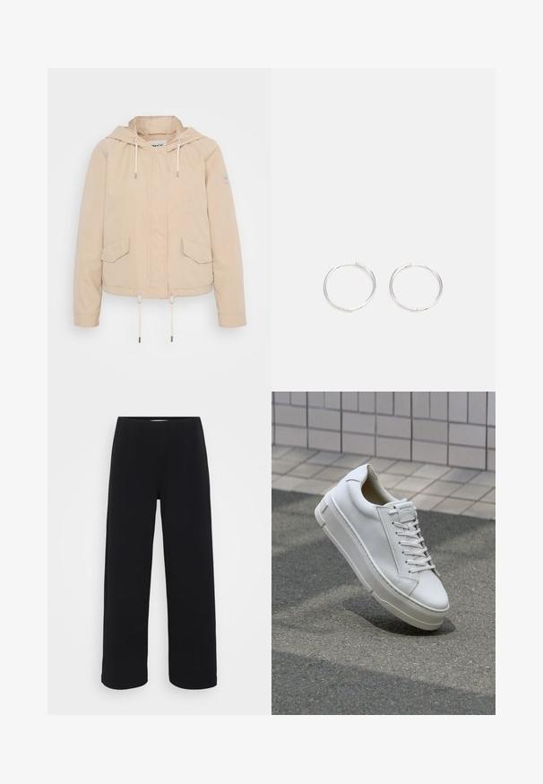 Μπεζ μπουφάν με κουκούλα και φερμουάρ μπροστά, δύο πλαϊνές τσέπες, μύτη ρυθμιζόμενη με κορδόνι και ψηφιδωτή υφή. Διαθέτει λογότυπο στη μανσέτα.; Μαύρη βαμβακερή μπλούζα, κοντά μανίκια, στρογγυλή λαιμόκοψη, χαλαρή εφαρμογή, λεία υφή, απλός σχεδιασμός, χωρίς μοτίβα ή διακοσμητικά.; Μαύρο παντελόνι με φαρδιά ποδιά και ελαστική μέση. Κατασκευασμένο από υλικό με υφή, με χαλαρή εφαρμογή και ίσια γραμμή από τους γοφούς μέχρι το στρίφωμα.; Λευκό δερμάτινο sneaker με χαμηλό σχέδιο, επίπεδα κορδόνια, στρογγυλή μύτη και υφασμάτινες πλευρές. Παχύ καουτσούκ σόλα με διακριτικά σημεία.; Ασημένια σκουλαρίκια κρίκοι με κομψό, στρογγυλό σχέδιο, που διαθέτουν λεία επιφάνεια και χωρίς ορατά διακοσμητικά στοιχεία. Η διάμετρος δεν αναφέρεται.