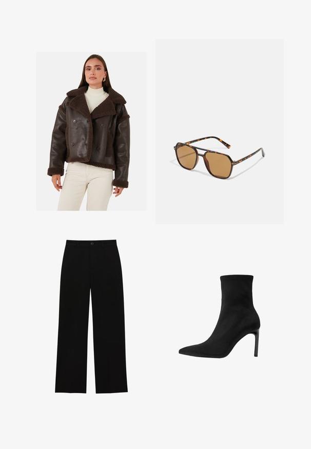 Nainen, jolla on päällään tummanruskea, karvavuorinen nahkatakki, valkoinen ribbimekko ja vaaleankermanväriset housut, seisoo yksinkertaista taustaa vasten.; Kaksi pitkähihasta turtleneck-paitaa, yksi valkoinen ja yksi musta, valmistettu sileästä, joustavasta kankaasta. Molemmissa on kapean muotoinen malli ja korkea kaulus.; Mustat, korkeavyötäröiset, leveälahkeiset housut, jotka on valmistettu sileästä kankaasta. Housuissa on litteä etuosa, nappisuljenta ja ei näkyviä taskuja.; Mustat nilkkurit, jotka on valmistettu sileästä mokasta, kärjessä on terävä muotoilu ja korkea stiletto-korko. Tyylikäs, minimalistinen muotoilu ilman koristeita.; Ruskean sävyiset aurinkolasit, joissa on kilpikonnakuorimallinen kehys, suorakulmaiset linssit ja hoikat varret, joissa on oranssi korostuskuvio.; Ruskea mokkanahkainen käsilaukku, jossa on kultainen neliönmuotoinen solki, yläkahva ja ketjuhihna. Ominaisuuksia ovat suorakaiteen muoto ja pyöristetyt reunat.