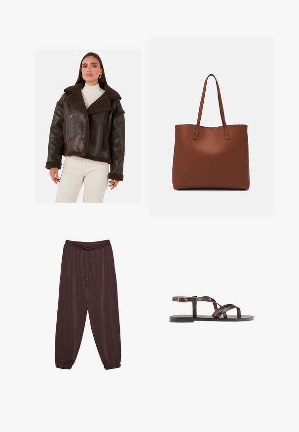 Žena v tmavě hnědé kožené bundě s ovčím rounem, oblečené přes bílý pletený rolák a krémové kalhoty, stojící na jednobarevném pozadí.; Hnědý oversized tričko vyrobené z bavlny, s kulatým výstřihem, krátkým rukávem a uvolněným střihem. Hladký povrch bez viditelných vzorů.; Hnědé tepláky vyrobené z měkké tkaniny, které mají elastický pás se šňůrkou, boční kapsy a elastické manžety na kotnících.; Hnědé kožené sandály s kříženými pásky, uzavřením na přezku u kotníku a plochou podrážkou s minimem švů.; Hnědá kožená taška přes rameno s hladkou texturou, otevřeným designem a dvěma ramenními popruhy. Obsahuje minimální švy a žádné viditelné kovové prvky.