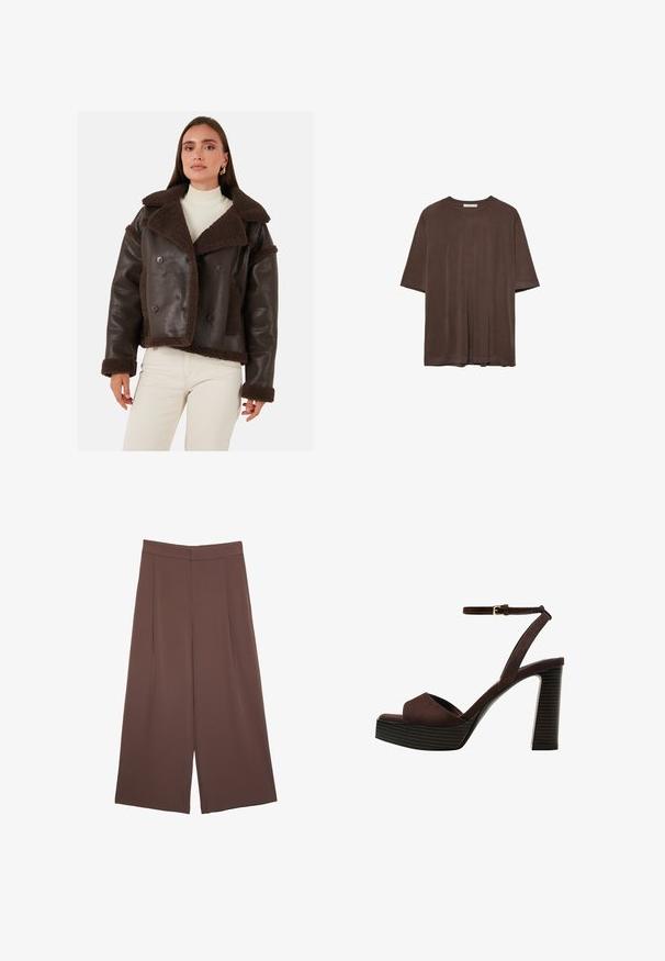 Donna che indossa un giacca di pelle scamosciata marrone scuro foderata in pelliccia sopra un dolcevita bianco a costine e pantaloni crema, in piedi contro uno sfondo neutro.; T-shirt marrone a maniche corte realizzato in tessuto morbido, con scollo rotondo e vestibilità comoda. Texture liscia senza motivi o dettagli.; Pantaloni ampi marroni con una texture liscia, caratterizzati da una vita alta e pieghe frontali. Il tessuto è leggero e scorre liberamente.; Sandal in camoscio marrone con tacco alto, punta aperta, cinturino alla caviglia regolabile e suola a piattaforma striata.