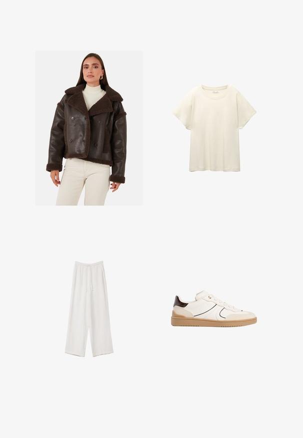 Vrouw in een donkerbruin leren jack met shearling voering, gedragen over een witte geribbelde coltrui en crèmekleurige broek, staand tegen een effen achtergrond.; Lichtbeige t-shirt met korte mouwen en een ronde halslijn, gemaakt van zachte, gladde stof. Heeft een ontspannen pasvorm en een rechte zoom.; Witte wijde broek gemaakt van een lichte stof. Voorzien van een elastische tailleband met een trekkoord en zijzakken. Zachte textuur.; Stradivarius Sneakers laag - white
