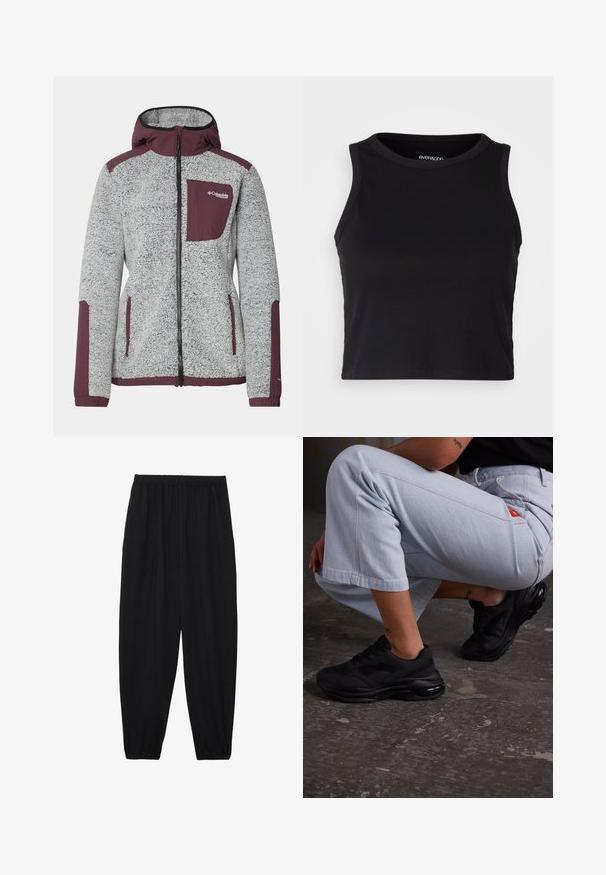 Szürke polárdzseki bordó kiegészítőkkel, kapucnival, cipzáras elülső résszel, két oldalsó zsebbel és egy mellzsebbel. Puha tapintású, laza stílusú.; Fekete bordás crop tank top kerek nyakkivágással és ujjtalan dizájnnal. Puha, rugalmas anyagból készült, tiszta, lekerekített szélű részletekkel.; Fekete, könnyű nadrág elasztikus derékkal és ráncolt bokákkal. Az anyag sima és laza, szűkített dizájnnal rendelkezik.; Fekete sportos sneaker egy texturált felsőrésszel, vastag talppal és levegőpárnázással. Világoskék, cropped nadrággal párosítva, laza öltözetben.