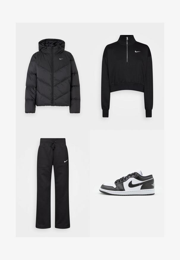 Svart pufferjakke med glidelås og hette. Chevron-mønster på kroppen, med en liten hvit logo på brystet. Glatt tekstur.; Svart kortermet genser med høy krage, halvdirkjenning, ribbede mansjetter og en liten hvit Nike-logo på venstre bryst. Myk stofftekstur.; Sorte joggebukser laget av en bomullsblanding, med strikk i midjen, rette ben, og en hvit Nike-logo på venstre side.; Sorte og hvite Nike lave sneakers har en glatt læroverdel, rund tå, snøring og en mønstret gummisåle.