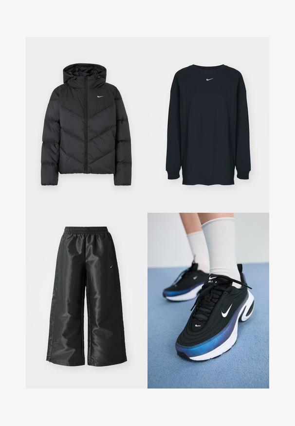 Svart pufferjakke med glidelås og hette. Chevron-mønster på kroppen, med en liten hvit logo på brystet. Glatt tekstur.; Svart langermet T-skjorte laget av bomull med rund hals. Har en hvit Nike-logo på brystet. Myk tekstur, enkelt design.; Svarte treningsbukser med en blank, glatt stoff, som har et elastisk liv, vide ben og en liten logo på venstre side.; Sorte Nike joggesko med en glatt stoffoverdel, med et gradientdesign fra blått til svart, hvit såle og fremtredende logoaksenter.