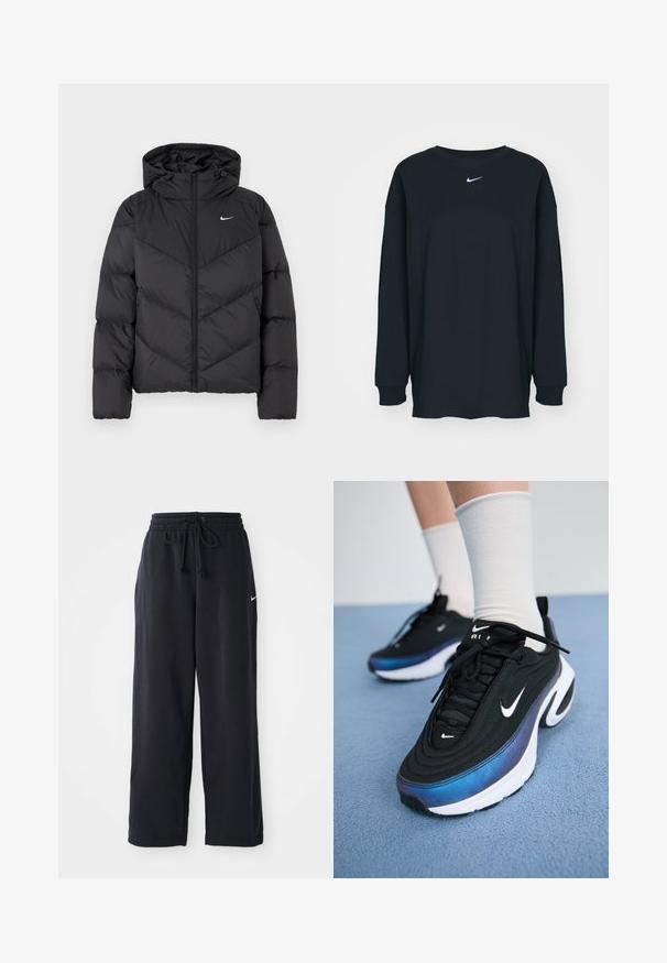 Svart pufferjakke med glidelås og hette. Chevron-mønster på kroppen, med en liten hvit logo på brystet. Glatt tekstur.; Svart langermet T-skjorte laget av bomull med rund hals. Har en hvit Nike-logo på brystet. Myk tekstur, enkelt design.; Sorte joggebukser med elastisk midjebånd og snor, med en liten hvit Nike-logo på venstre side.; Sorte Nike joggesko med en glatt stoffoverdel, med et gradientdesign fra blått til svart, hvit såle og fremtredende logoaksenter.
