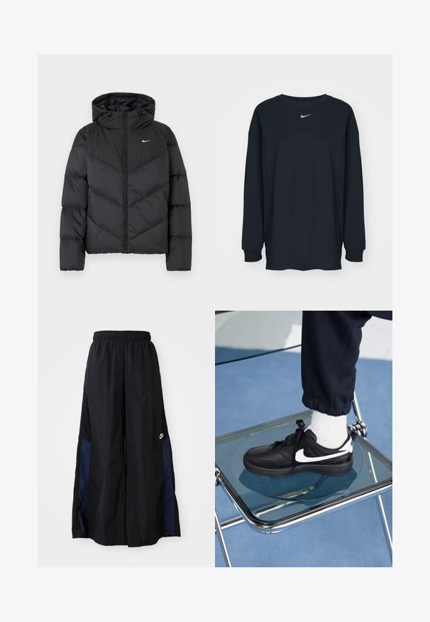 Černá péřová bunda s zipovým zapínáním a kapucí. Chevron vzor na těle, s malým bílým logem na hrudi. Hladká textura.; Černé tričko s dlouhým rukávem vyrobené z bavlny s kulatým výstřihem. Na hrudi se nachází bílé logo Nike. Měkká textura, jednoduchý design.; Černé kalhoty širokého střihu vyrobené z lehkého materiálu, s námořnickou modrou bočním panelem a elastickým pasem. Malé bílé logo na spodní části.; Černé tenisky Nike s bílými akcenty, s hladkou koženou texturou, šněrovacím designem a zaoblenou špičkou, umístěné na skleněné židli.