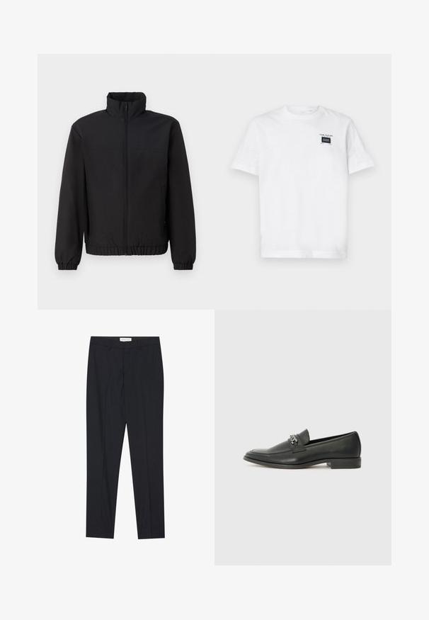 Casaco preto com colarinho alto, fecho à frente, punhos elásticos e cós. Textura suave, design simples sem padrões ou acentos.; T-shirt de algodão branco com decote redondo e mangas curtas. A frente apresenta um pequeno rótulo preto com texto e um design retangular.; Calças pretas ajustadas com frente plana, corte regular, feitas de tecido suave, com pregas prensadas e bolsos laterais.; Sapatilha de couro preta com um acabamento suave, apresentando um design cosido e um detalhe decorativo de corrente de metal atravessando o peito do pé. Salto baixo.