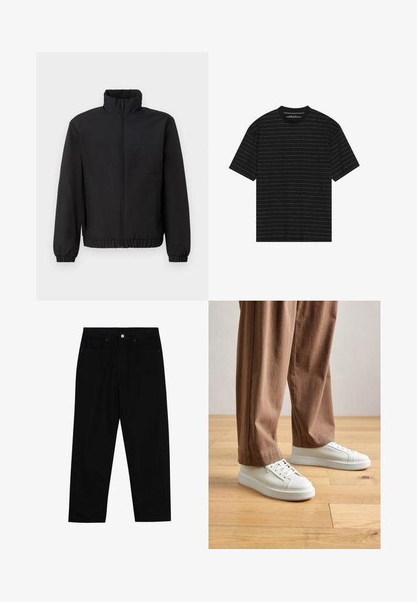 Juodas švarkas su aukštu apykakle, priekyje su užtrauktuku, elastingomis rankogaliais ir juosmeniu. Lygus paviršius, paprastas dizainas be raštų ar akcentų.; Juoda trumpa rankovė T-marškiniai su plonomis baltomis horizontaliomis juostelėmis. Pagaminti iš minkštos medžiagos, turi apvalią iškirptę ir laisvą siluetą.; Juoda džinsinė kelnė su tiesiu kirpimu, penkių kišenių dizainu ir priekiniais mygtukais. Lygus paviršius su minimaliu siuvimo detalėmis.; Asmuo vilkintis baltus tekstūruotus žemus sportinius batelius ir laisvas rudas kelnes, stovintis ant šviesaus medinio grindų paviršiaus.
