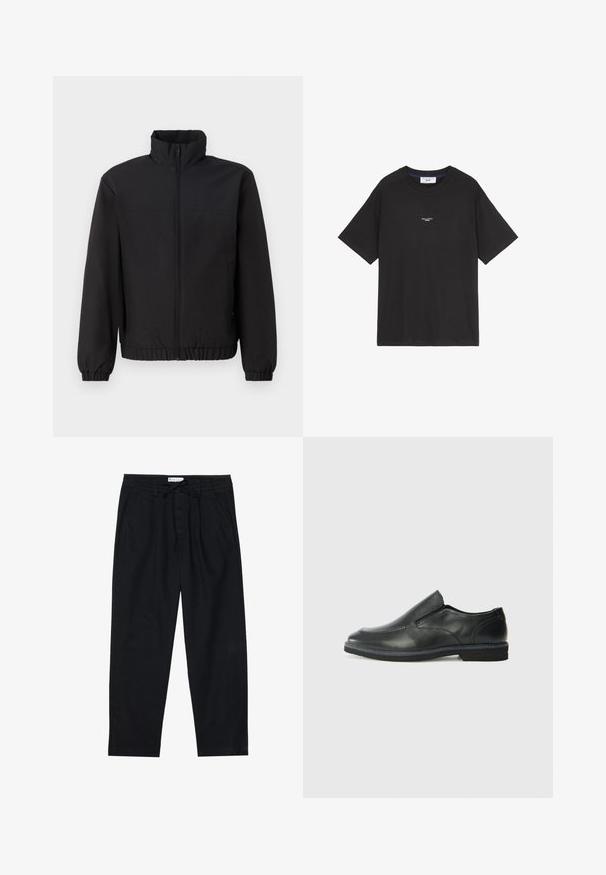 Zwarte jas met hoge kraag, een ritssluiting aan de voorkant, elastische manchetten en een elastische tailleband. Gladde textuur, eenvoudig ontwerp zonder patronen of accenten.; Zwarte katoenen T-shirt met een ronde hals en korte mouwen. Beschikt over een klein wit logo op de voorkant. Eenvoudig ontwerp, relaxed fit.; Pier One Chino - black; Zwarte leren instapper met een soepele bovenkant, gestikte accenten, ronde neus en een lage rubberen hak. De zool heeft minimale profiel.