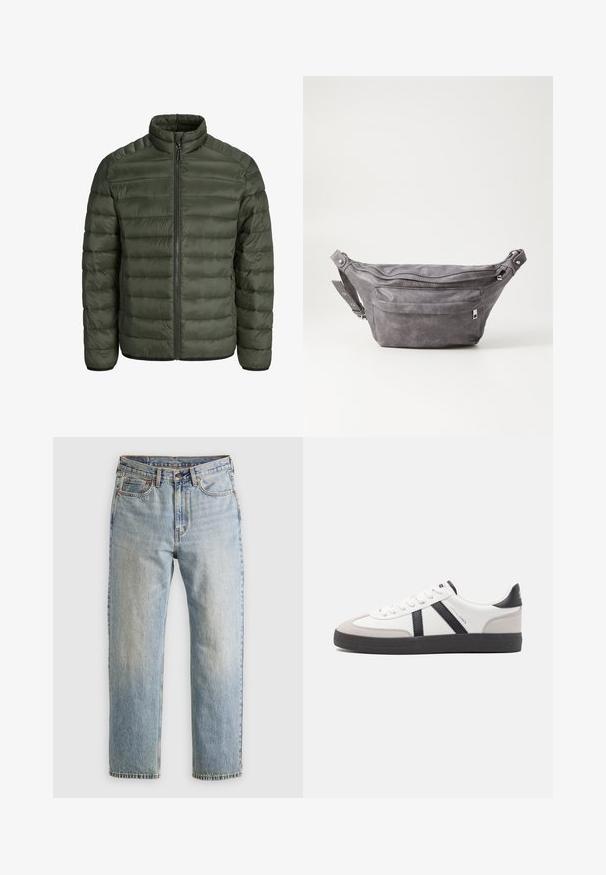 Giubbotto imbottito verde oliva con colletto alto, cuciture orizzontali, chiusura con zip e polsini elasticizzati. Materiale liscio e leggero.; Pullover sweater beige con zip a un quarto in morbido tessuto a maglia. Presenta colletto e polsini a coste, con una vestibilità rilassata e un design senza cuciture.; Jeans in denim azzurro chiaro con vita alta, bottone anteriore, cerniera e design a cinque tasche, adagiati su uno sfondo neutro.; Sneaker bianco con accenti neri e grigi, dotata di una punta grigia testurizzata, suola in gomma nera e lacci bianchi piatti. Design pulito, stile minimalista.; Fanny pack in suede grigio con forma arrotondata, due scomparti con cerniera e tracolla regolabile. Presenta dettagli in metallo.