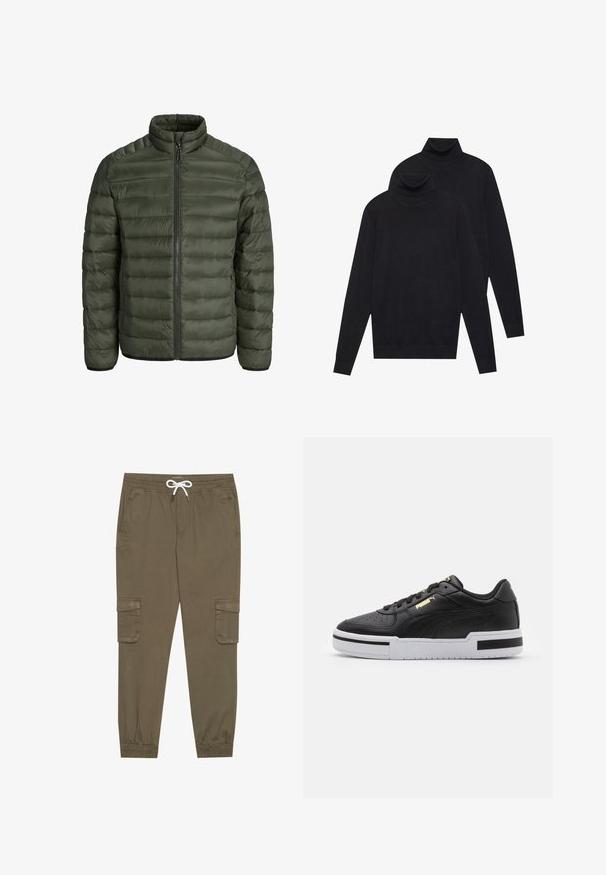 Alyvuogių žalia pūkinė striukė su aukštu apykakle, horizontaliomis siūlėmis, užtrauktuku ir elastinėmis rankovėmis. Lygi, lengva medžiaga.; Du mėlynos ilgomis rankovėmis golfo megztiniai, paprasta mezgimo, supilti vienas ant kito, vienas šiek tiek už nugaros, ant baltos fono.; Khaki krovinių kelnės su elastingu juosmeniu ir užtrauktuku, su šoninėmis kišenėmis ir sutrauktomis kulkšnėmis. Pagamintos iš tekstūruotos, lengvos medžiagos.; Juodai odiniai sportbačiai su balta tarpinėmis, perforuotu pirštu, auksiniu logotipu, paminkštintu apykakle ir kontrastingomis juodomis akcentais šone.