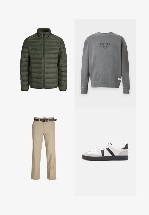 Olivengrüne Steppjacke mit hohem Kragen, horizontalen Steppnähten, Reißverschluss und elastischen Bündchen. Glattes, leichtes Material.; Grau langärmliger Crewneck-Sweatshirt mit in Schwarz auf der Brust gedrucktem "SURPLUS DNM"-Text und einem kleinen weißen Etikett nahe dem Saum.; Beige Baumwollhosen mit geradem Schnitt, ausgestattet mit Gürtelschlaufen, einem braunen Ledergürtel und einem klassischen Design. Glatte, robuste Textur.; Weiße Sneaker mit schwarz- und grau-aczenten, ausgestattet mit einer strukturierten grauen Zehenkappe, schwarzer Gummi-Sohle und flachen weißen Schnürsenkeln. Sauberes Design, minimalistische Stil.